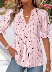 Light Pink Geometric Print Shirred Half Sleeve Blouse