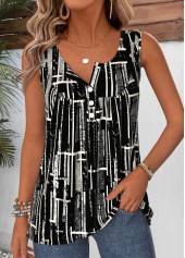 Black Geometric Print Shirred Sleeveless Round Neck Tank Top