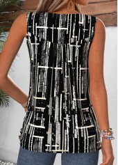 Black Geometric Print Shirred Sleeveless Round Neck Tank Top | thumb picture 