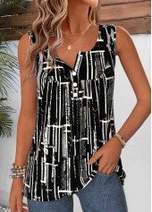 Black Geometric Print Shirred Sleeveless Round Neck Tank Top | thumb picture 
