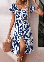 White Leaf Print Tummy Coverage Short Sleeve Dress