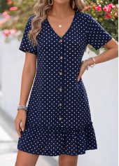 Navy Polka Dot Short Patchwork V Neck Dress | thumb picture 