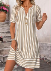 Light Camel Striped Short Split Neck Dress