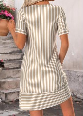 Light Camel Striped Short Split Neck Dress | thumb picture 