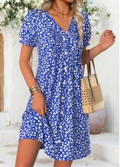 Royal Blue Ditsy Floral Print Short Tuck Stitch Dress | thumb picture 