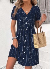 Navy Geometric Print Short Tuck Stitch V Neck Dress