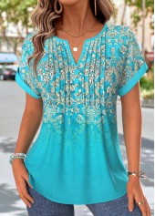 Mint Green Tribal Print Tuck Stitch T Shirt