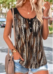 Black Leopard Button Sleeveless Round Neck Tank Top