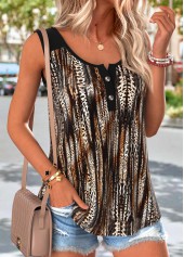Black Leopard Button Sleeveless Round Neck Tank Top | thumb picture 
