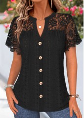 Black Shirred Short Sleeve Split Neck Blouse