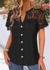 Black Shirred Short Sleeve Split Neck Blouse | thumb picture 