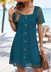 Turquoise Short Tuck Stitch Square Neck Dress | thumb picture 