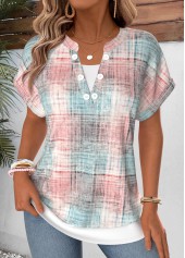 Light Pink Plaid Fake 2in1 Short Sleeve T Shirt