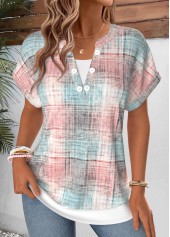 Light Pink Plaid Fake 2in1 Short Sleeve T Shirt | thumb picture 