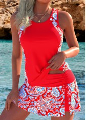 Red High Waisted Patchwork Paisley Print Tankini Set