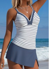Dusty Blue Mid Waisted Patchwork Striped Tankini Set