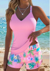 Pink Mid Waisted Tummy Coverage Floral Print Tankini Set | thumb picture 