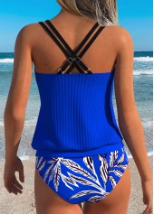 Royal Blue Mid Waisted Drawstring Leaf Print Tankini Set | thumb picture 