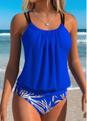 Royal Blue Mid Waisted Drawstring Leaf Print Tankini Set | thumb picture 