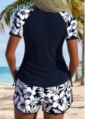 Navy Mid Waisted Drawstring Tropical Plants Print Tankini Set | thumb picture 