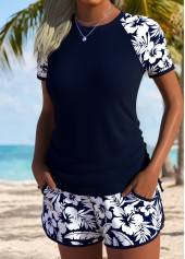 Navy Mid Waisted Drawstring Tropical Plants Print Tankini Set | thumb picture 