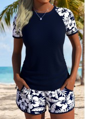 Navy Mid Waisted Drawstring Tropical Plants Print Tankini Set