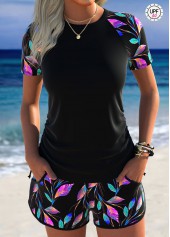 Black Mid Waisted Drawstring Leaf Print Tankini Set