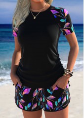 Black Mid Waisted Drawstring Leaf Print Tankini Set | thumb picture 