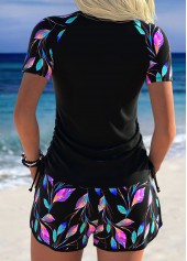 Black Mid Waisted Drawstring Leaf Print Tankini Set | thumb picture 