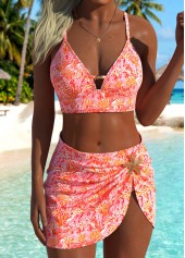 Orange Mid Waisted Three-piece Marine Life Print Bikini Set