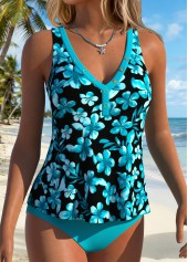 Cyan Mid Waisted Tummy Coverage Floral Print Tankini Set
