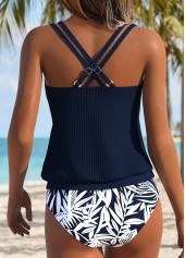 Navy Mid Waisted Drawstring Plants Print Tankini Set | thumb picture 