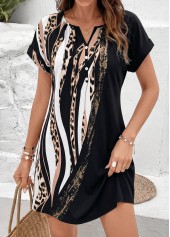 Black Leopard Short Tuck Stitch Split Neck Dress