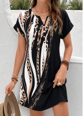 Black Leopard Short Tuck Stitch Split Neck Dress | thumb picture 