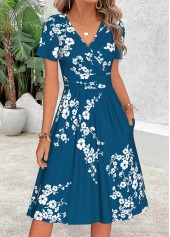 Turquoise Floral Print Shirred Short Sleeve V Neck Dress