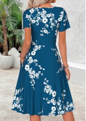 Turquoise Floral Print Shirred Short Sleeve V Neck Dress | thumb picture 