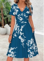 Turquoise Floral Print Shirred Short Sleeve V Neck Dress | thumb picture 