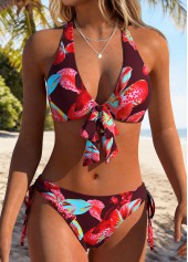Wine Red Mid Waisted Patchwork Floral Print Bikini Set