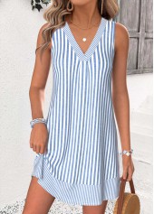 Blue Striped Short Tummy Coverage Sleeveless V Neck Dress