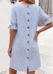 Blue Striped Short Shirred Half Sleeve Round Neck Dress