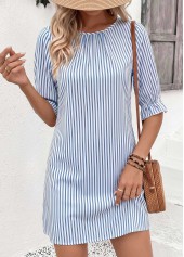 Blue Striped Short Shirred Half Sleeve Round Neck Dress | thumb picture 