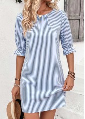 Blue Striped Short Shirred Half Sleeve Round Neck Dress | thumb picture 