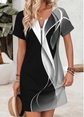 Black Geometric Print Short Tummy Coverage Split Neck Dress | thumb picture 