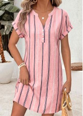 Pink Multi Stripe Print Short Button Split Neck Dress