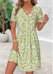 Light Green Floral Print Short Tuck Stitch Dress