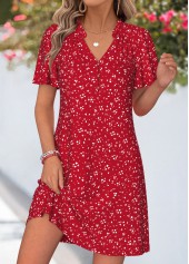 Red Geometric Print Short Frill V Neck Dress