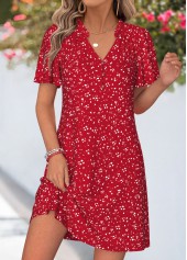 Red Geometric Print Short Frill V Neck Dress | thumb picture 