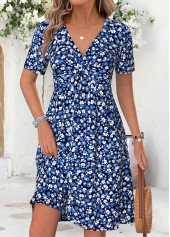 Blue Floral Print Twist Short Sleeve V Neck Dress | thumb picture 