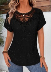 Black Lace Trim Short Sleeve Round Neck Blouse