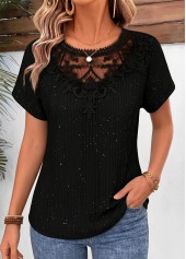 Black Lace Trim Short Sleeve Round Neck Blouse | thumb picture 